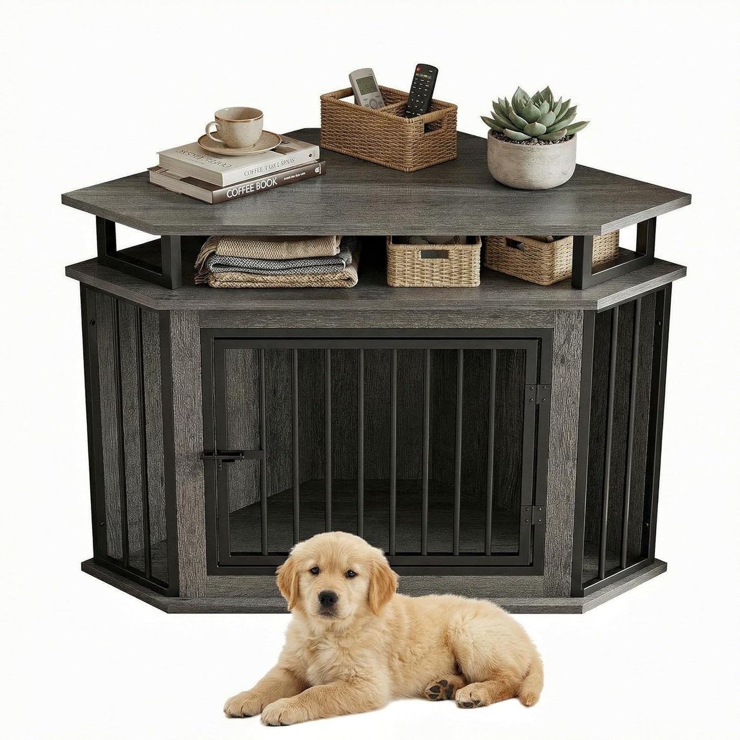 43.3" Corner Dog Crate with 2-Tier Shelves, Wooden Dog Kennel Furniture for TV Stand, Dog Cage Indoor for Small and Medium Dogs, Gray (23.6" L X 43.3" W X 32" H)