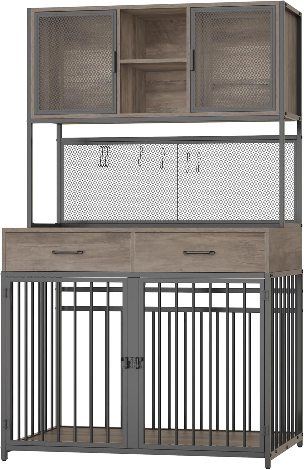 71" Tall Dog Crate Furniture, Indoor Dog Kennel with Hutch, 42" W Dog Cage for Large/Medium Dogs, Wood Dog Crates with 2 Storage Drawers, Heavy Duty Pet House, Ash Grey