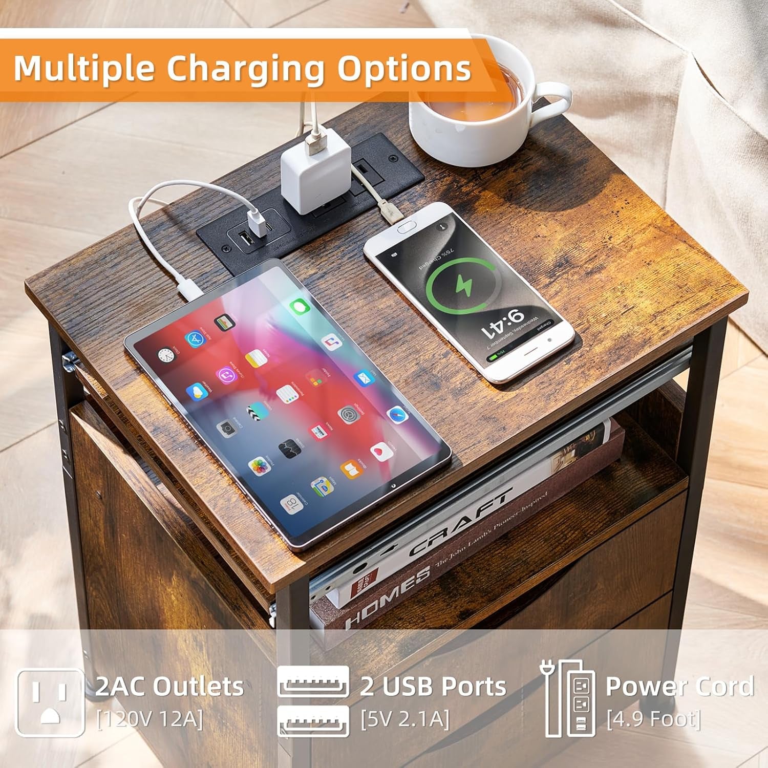 End Table with Charging Station, Narrow Side Table with 2 Drawers, Nightstand with 7 Color LED Light, Slim Bedside Table for Bedroom, Living Room, Small Spaces, Brown