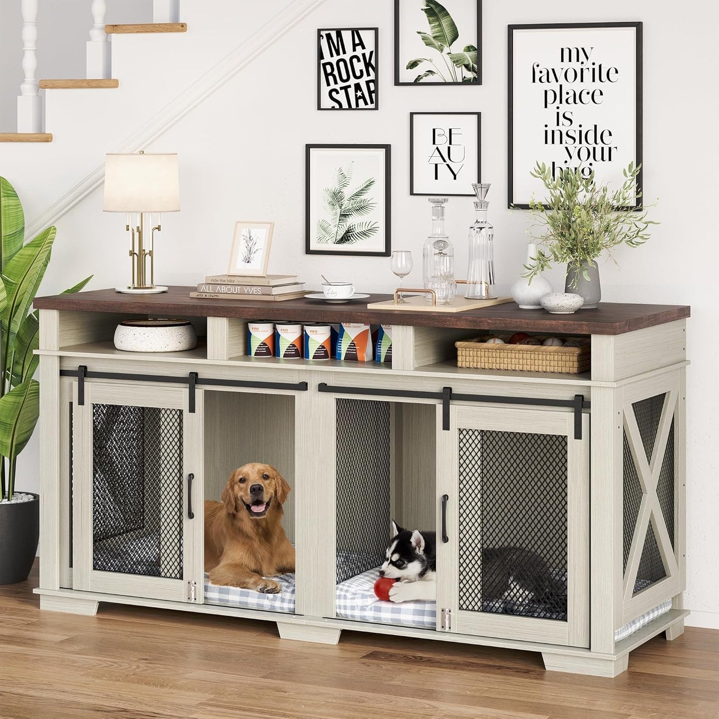 71" Dog Crate Furniture for 2 Dogs, Dog Kennel with 3 Storage Drawers & Removable Divider, Extra Large Double Dog Cage as TV Stand, Furniture Style Dog Crates with Sliding Barn Door, Light Oak/White