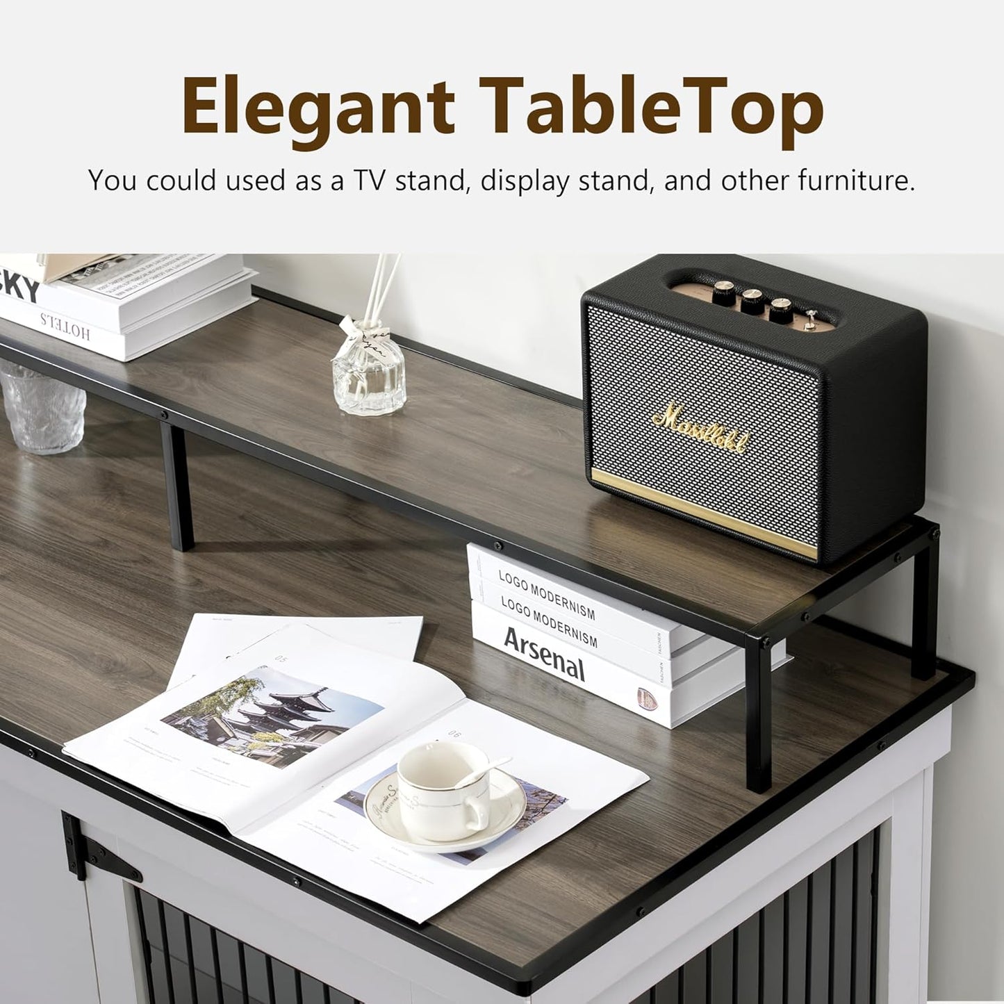 Large Dog Crate Furniture TV Stand, Wooden Pet Kennel with Double Doors, Indoor Furniture Style Dog House End Table, 1861 (Light Grey)