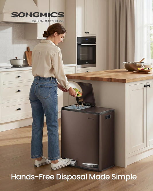 Trash Can, 2 X 8 Gallon (2 X 30 L) Double Compartment Garbage Can for Recycling, Stainless Steel, with 15 Liner Bags, Soft-Close Lids, Removable Buckets, Pedals, Brown ULTB160MZ01