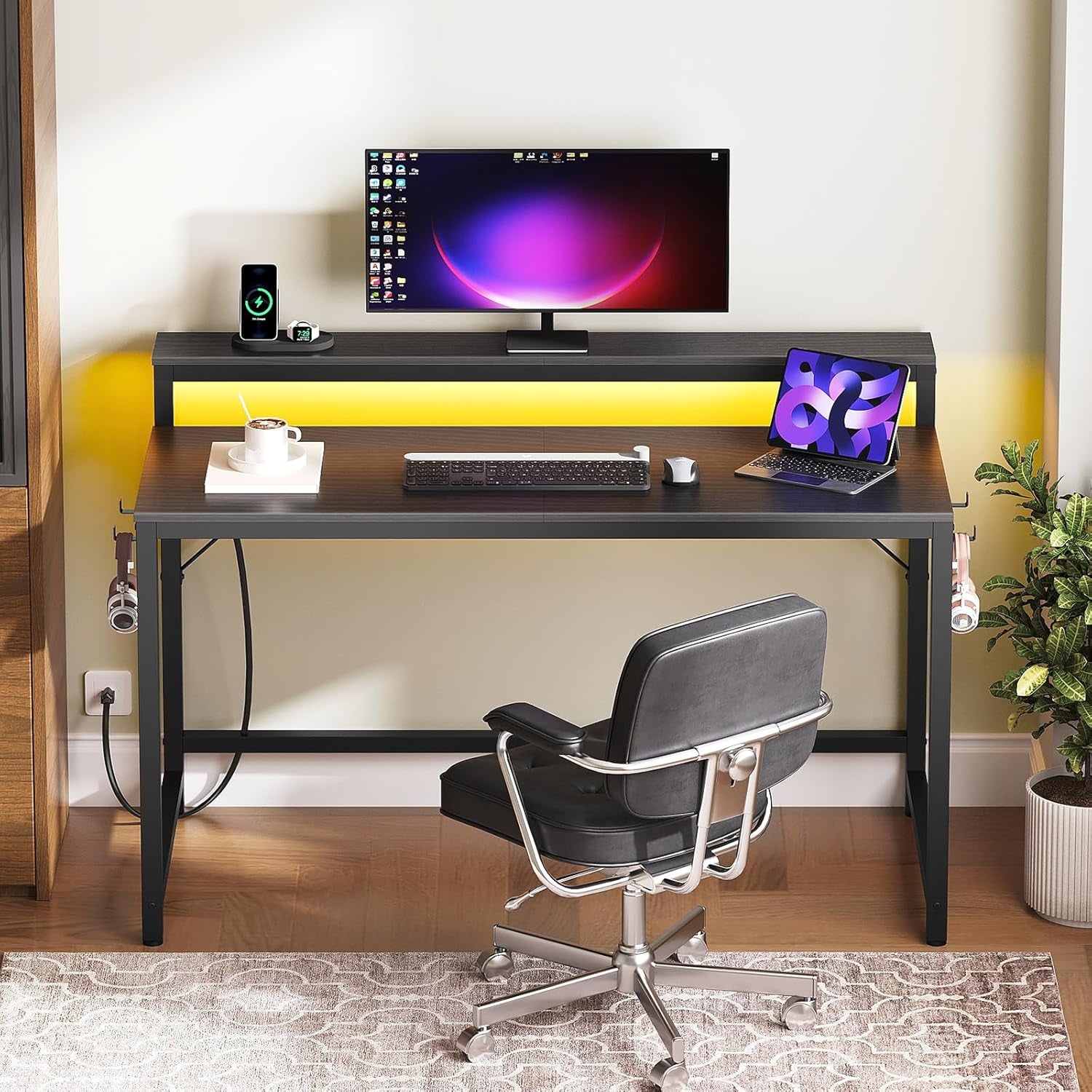 47.2" Computer Desk with Charging Station and LED Lights, Gaming Desk with Monitor Stand, 2-Tier Home Office Desk with 4 Side Hooks, for Living Room, Home Office, Black DN12UDBB