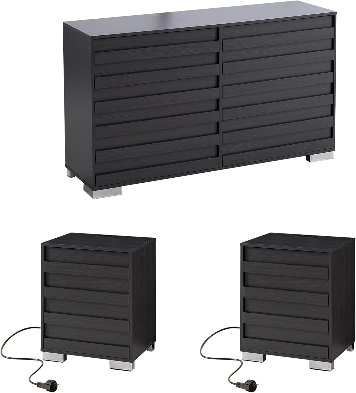 3 Pcs Bedroom Furniture Set - Includes Farmhouse 6 Drawer Dresser and Nightstand Sets of 2 with Charging Station, Slated Handles & Stainless Steel Feet, Black