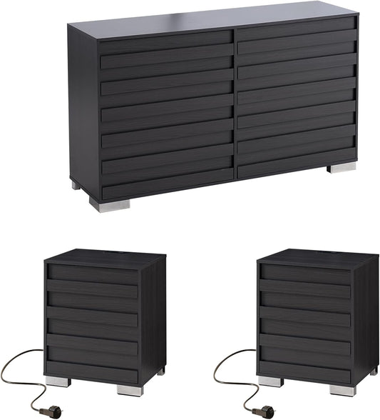 3 Pcs Bedroom Furniture Set - Includes Farmhouse 6 Drawer Dresser and Nightstand Sets of 2 with Charging Station, Slated Handles & Stainless Steel Feet, Black