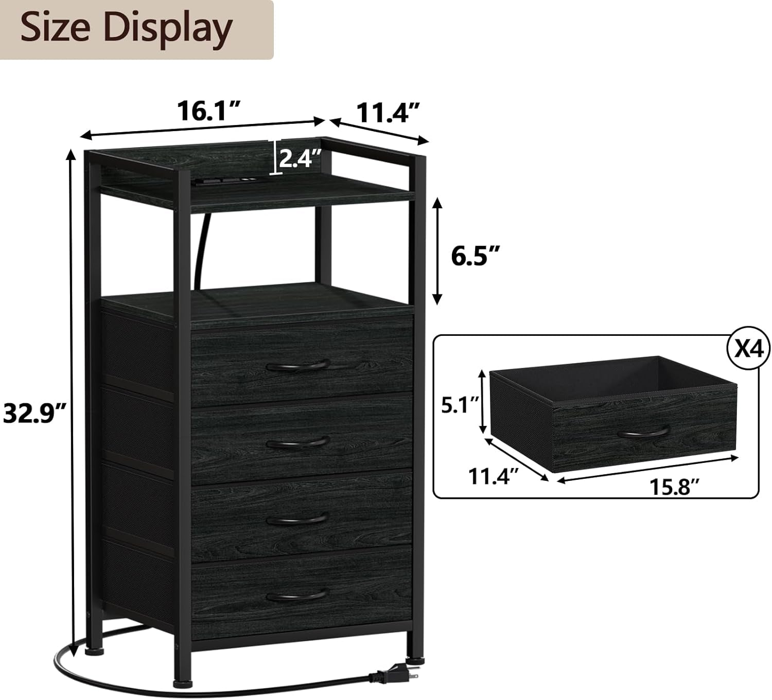 Night Stand with Charging Station, Black Nightstand with Drawers and Led Light, Tall Dresser for Bedroom, Bedside Table with Fabric Storage Bins, Metal Frame, Wood Furniture