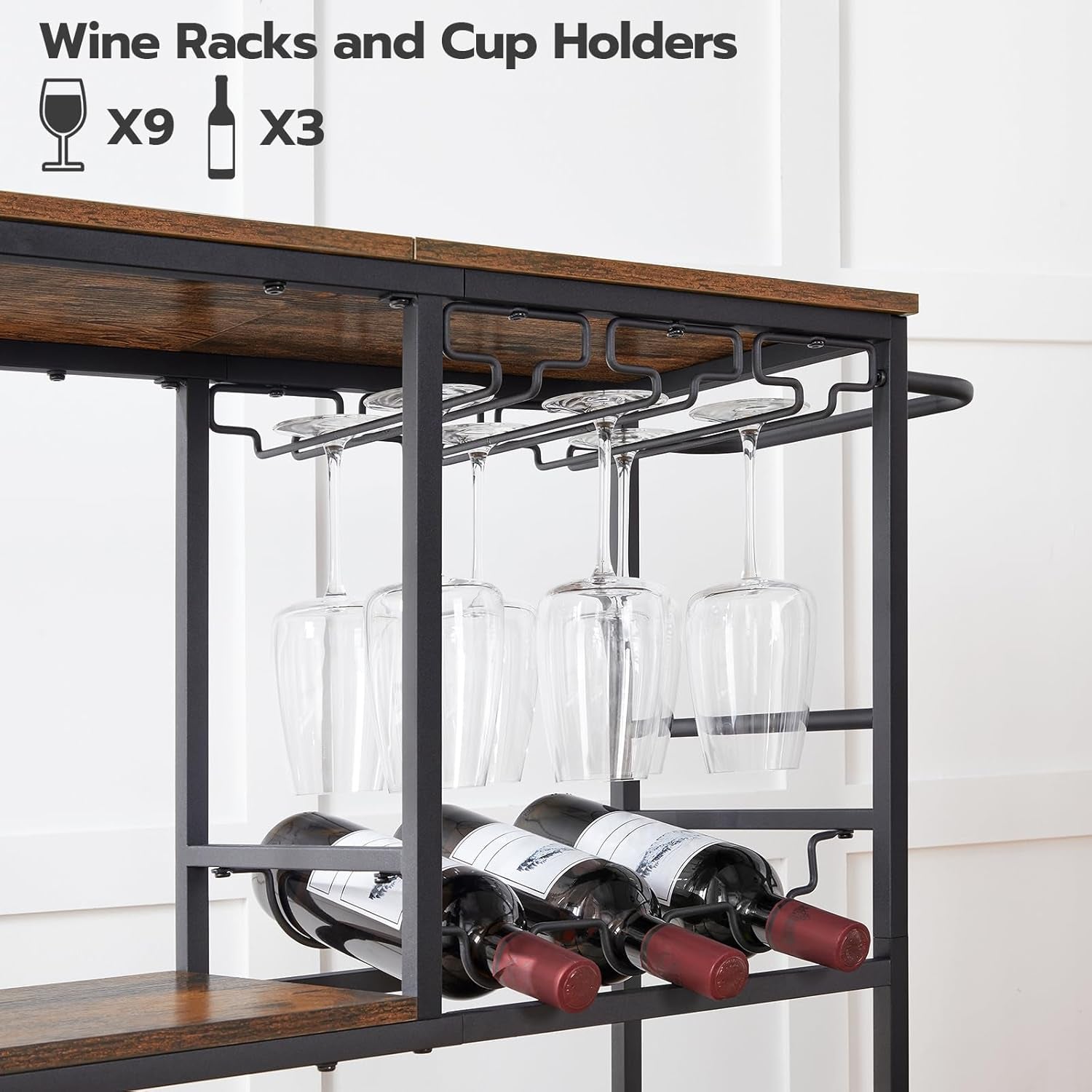 Bar Cart for the Home, 29.5 Inches 3-Tier Serving Cart with Wheels, Rolling Kitchen Cart with Wine Rack and Glass Holder for Living Room, Party, Bar, Rustic Brown and Black BF21TC01G1