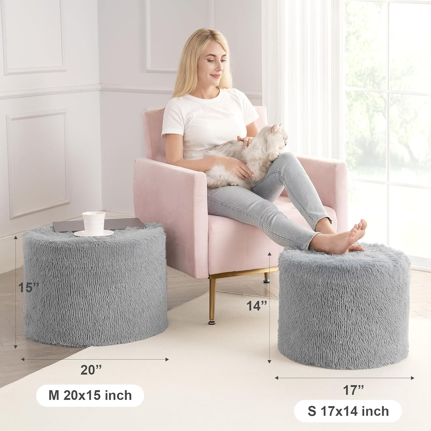 round Pouf Ottoman Foot Rest, 17 X 14 Small Faux Fur Stuffed Pouf for Chair, Foam Filled Foot Stools Ottomans for Living Room, Grey