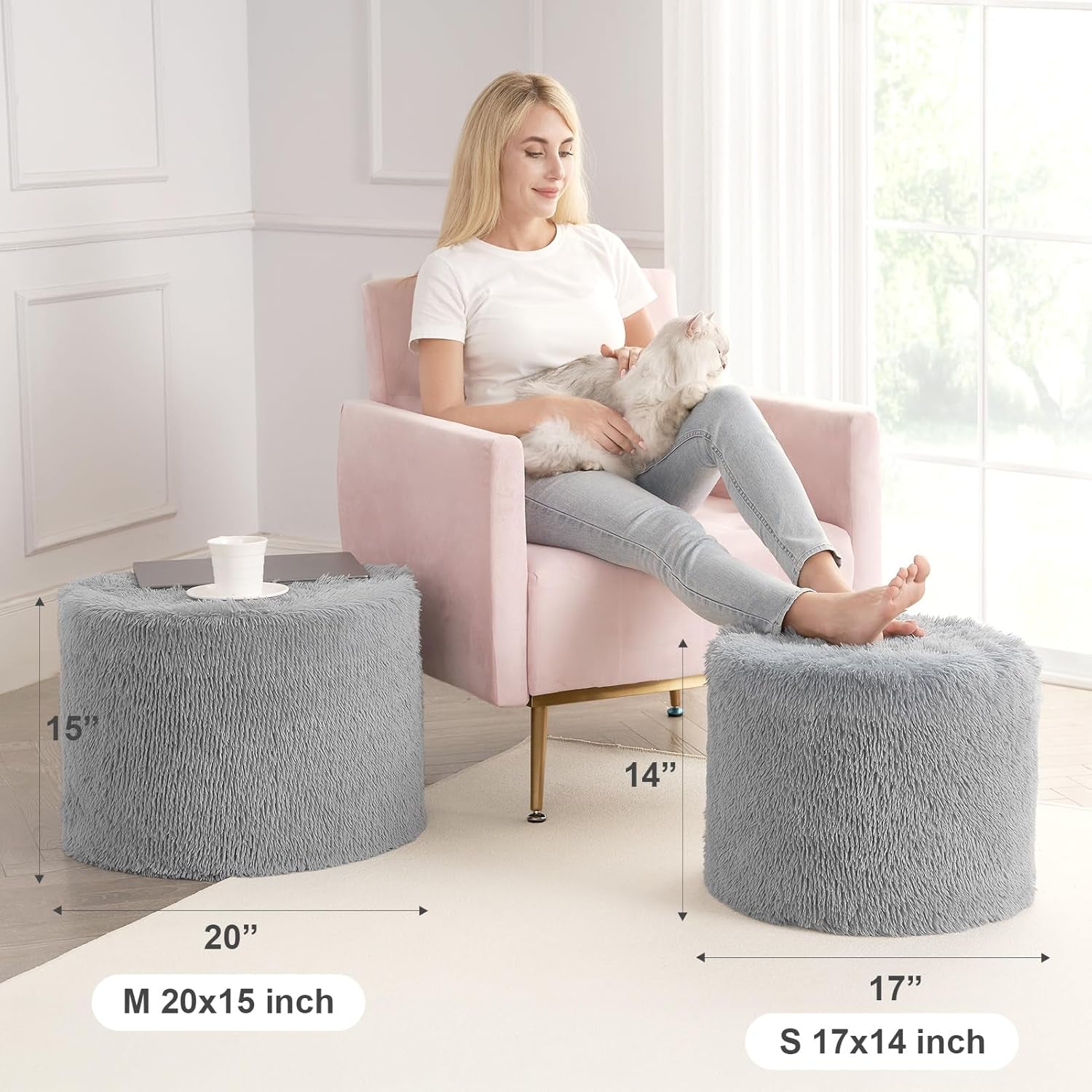 round Pouf Ottoman Foot Rest, 20 X 15 Small Faux Fur Stuffed Pouf for Chair, Foam Filled Foot Stools Ottomans for Living Room, Grey