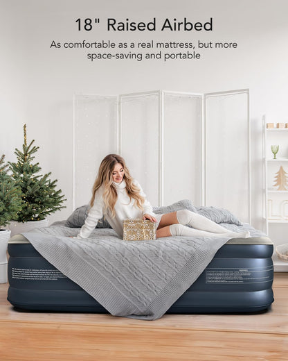 Queen Air Mattress with Built in Pump, 18 Raised Comfort Inflatable Blow up Mattress, Upgraded Four Chamber Portable Air Bed for Camping, Guests and Home, Colchon Inflable, 650 Lbs Max