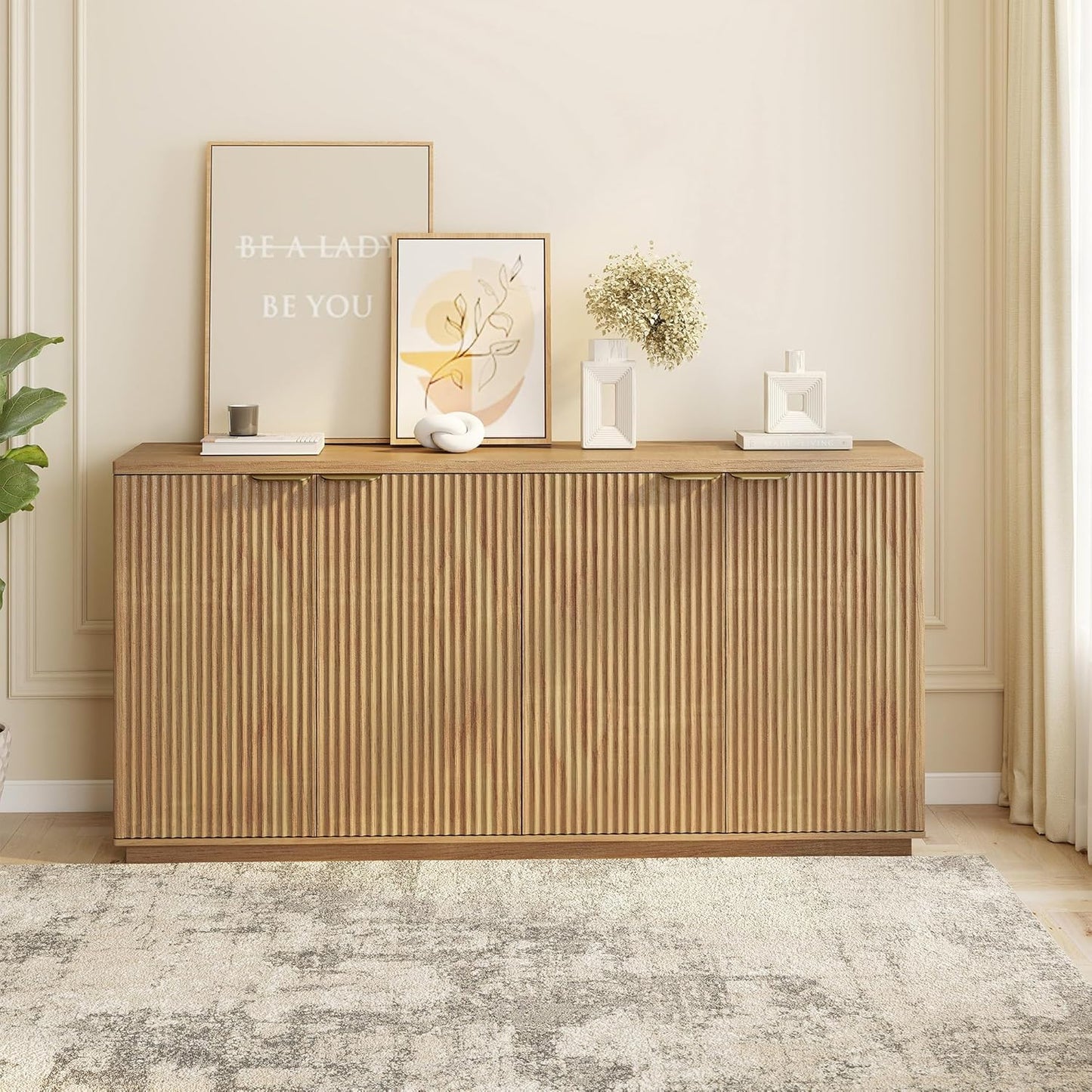 Fluted Sideboard Buffet Cabinet, 63" Wooden Credenza Storage Cabinet with 4 Doors and Adjustable Shelves, Fluted Sideboard Cabinet for Kitchen, Living Room, Natural Oak
