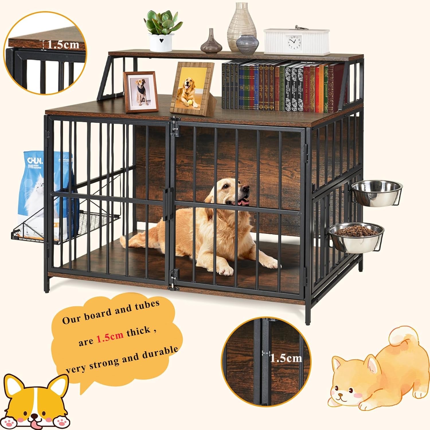 Heavy Duty Dog Crate Furniture -  40” Large Dog Kennel Furniture with Elevated Stainless Steel Bowls, Wooden Dog Crate with Storage, Brown Dog Crates for Small Medium Dogs
