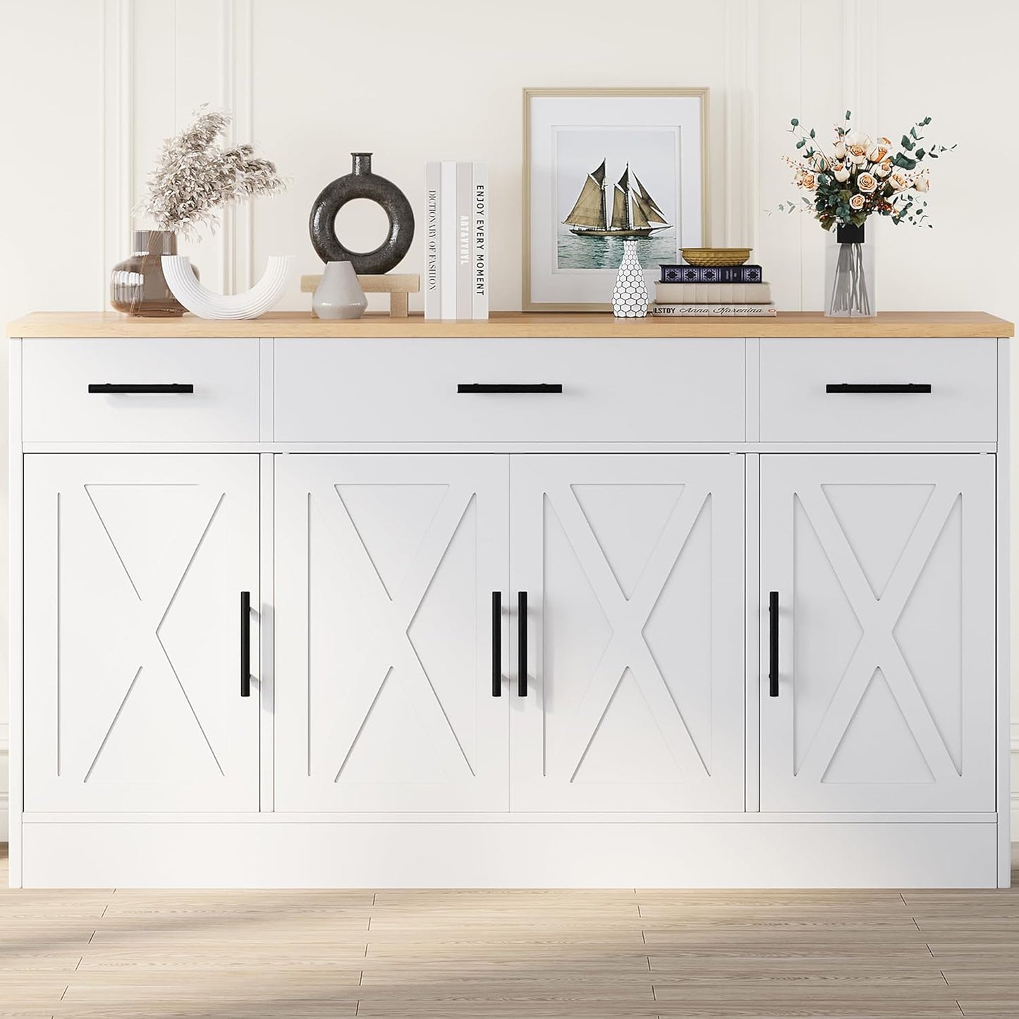 Buffet Cabinet with Storage,53.4" Large Kitchen Storage Cabinet with 3 Drawers and 4 Doors,Wood Farmhouse Buffet Sideboard with Adjustable Shelf for Kitchen Living Room