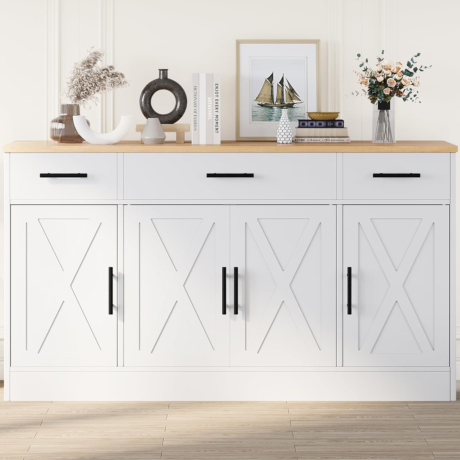 Buffet Cabinet with Storage,53.4" Large Kitchen Storage Cabinet with 3 Drawers and 4 Doors,Wood Farmhouse Buffet Sideboard with Adjustable Shelf for Kitchen Living Room