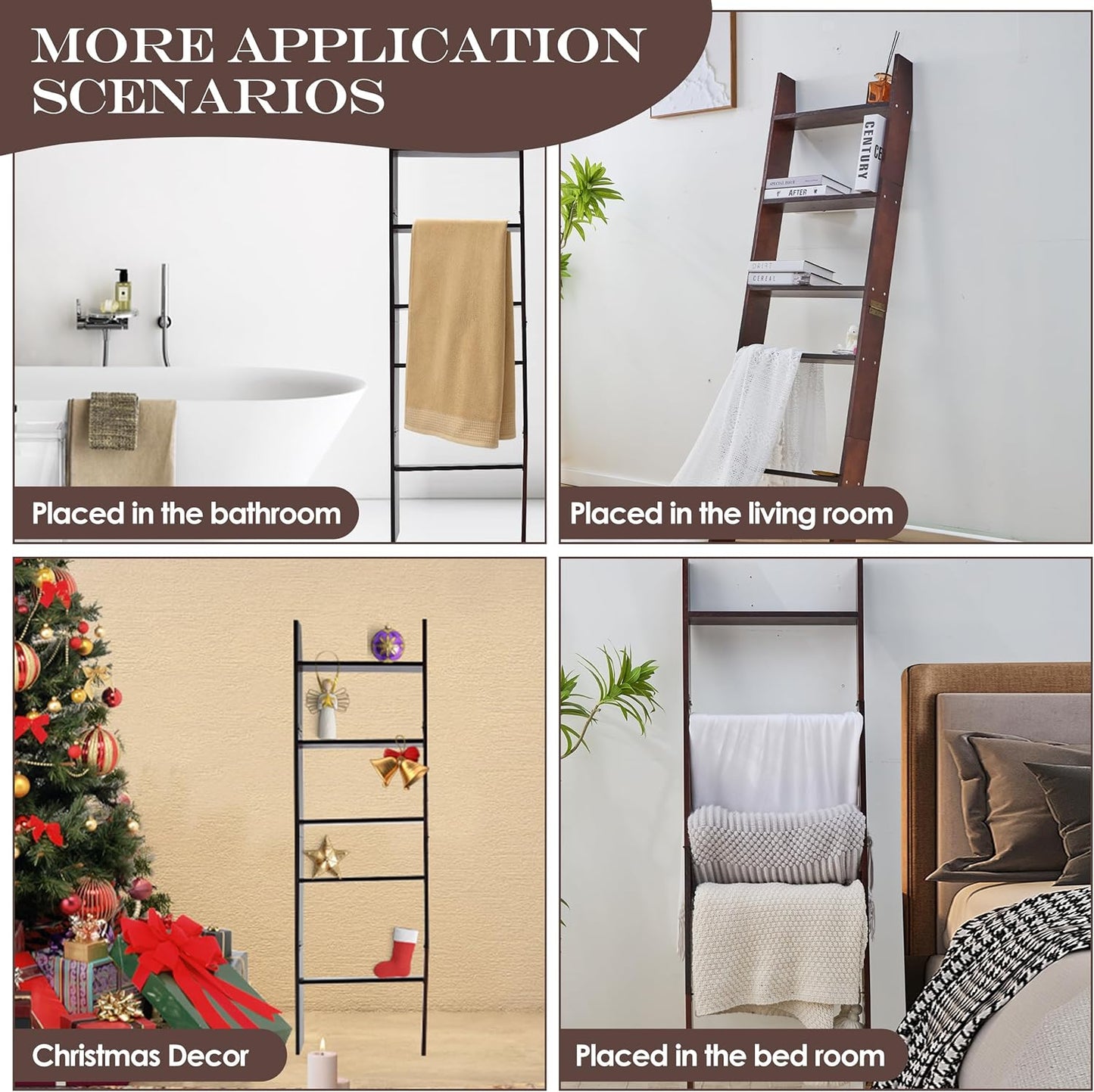 5-Tier Blanket Ladder for the Living Room, 4.8 FT Anti-Slip Decorative Ladder Shelf Leaning Quilt Rack, Lightweight, Easy Assemble, Wooden Blanket Rack (Brown)