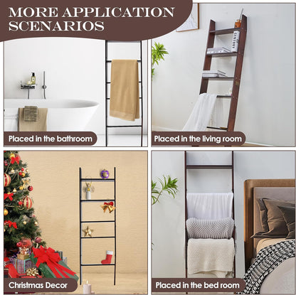 5-Tier Blanket Ladder for the Living Room, 4.8 FT Anti-Slip Decorative Ladder Shelf Leaning Quilt Rack, Lightweight, Easy Assemble, Wooden Blanket Rack (Brown)