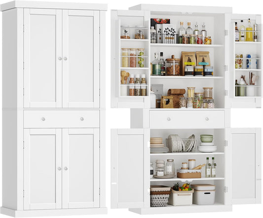 72” Pantry Cabinet, Tall Kitchen Storage Cabinet with 4 Doors and 1 Drawer, Cupboard with 6 Hanging Shelves and Adjustable Shelves for Kitchen, Dining Room, Living Room, White