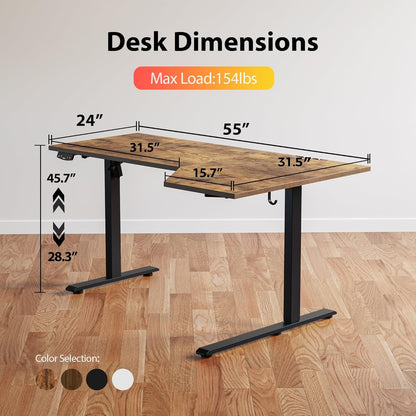 Electric Standing Desk, Height Adjustable Desk, 55 X 32 Inch Sit Stand up for Work Office Home, L Shaped Ergonomic Rising Computer Table with Memory Preset, Rustic Brown