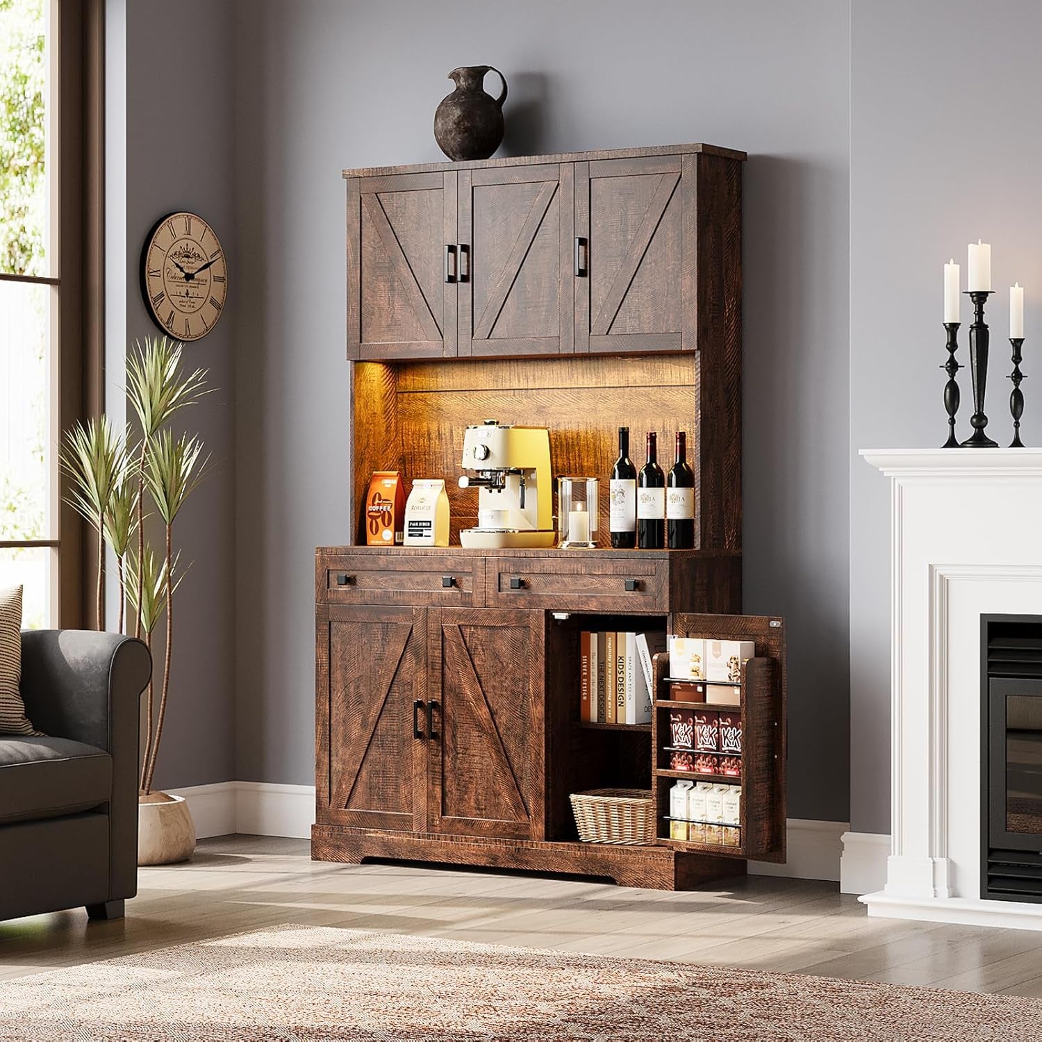 71" Tall Ktchen Pantry Cabinet with Charging Station & LED Lights, Farmhouse Kitchen Hutch Cabinet with Microwave Stand & Large Countertop for Dining Room Living Room, Brown