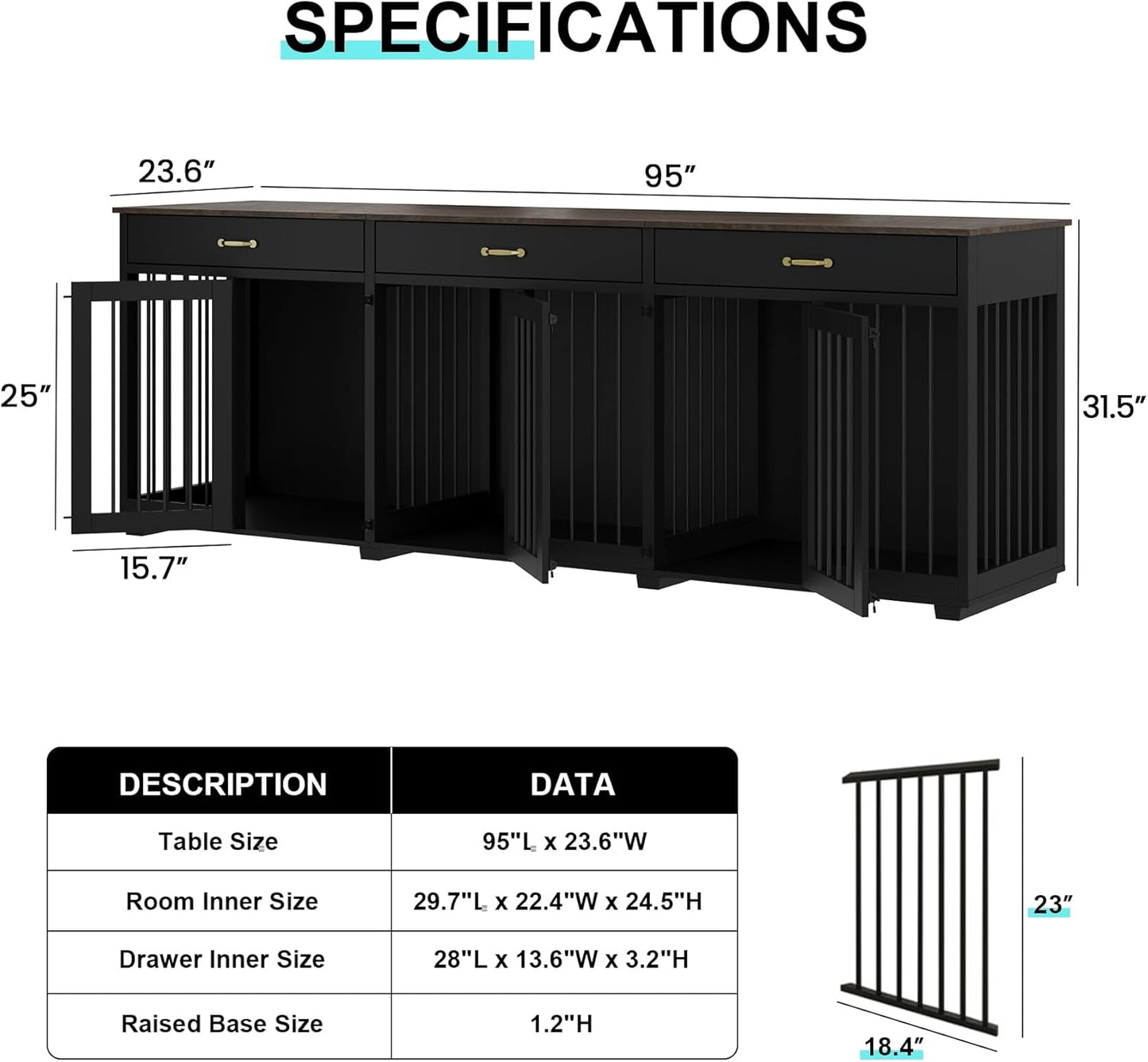 Dog Crate Furniture - Indoor Wooden Dog Kennel Crate with 2 Dividers, 3 Drawers, and 3 Lockable Doors, 95"X23.6"X31.5"H, Black