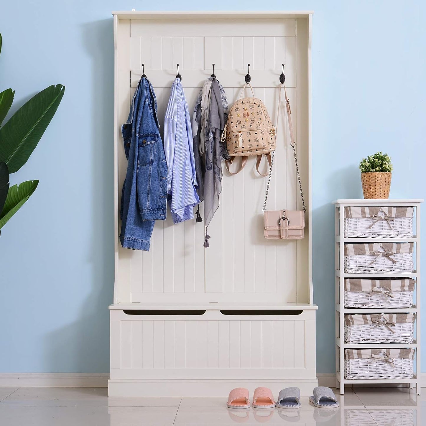 Hall Tree with Bench and Shoe Storage, 3-In-1 Entryway Bench with Coat Rack, 5 Hooks and Flip Top Storage Compartment, Cream White
