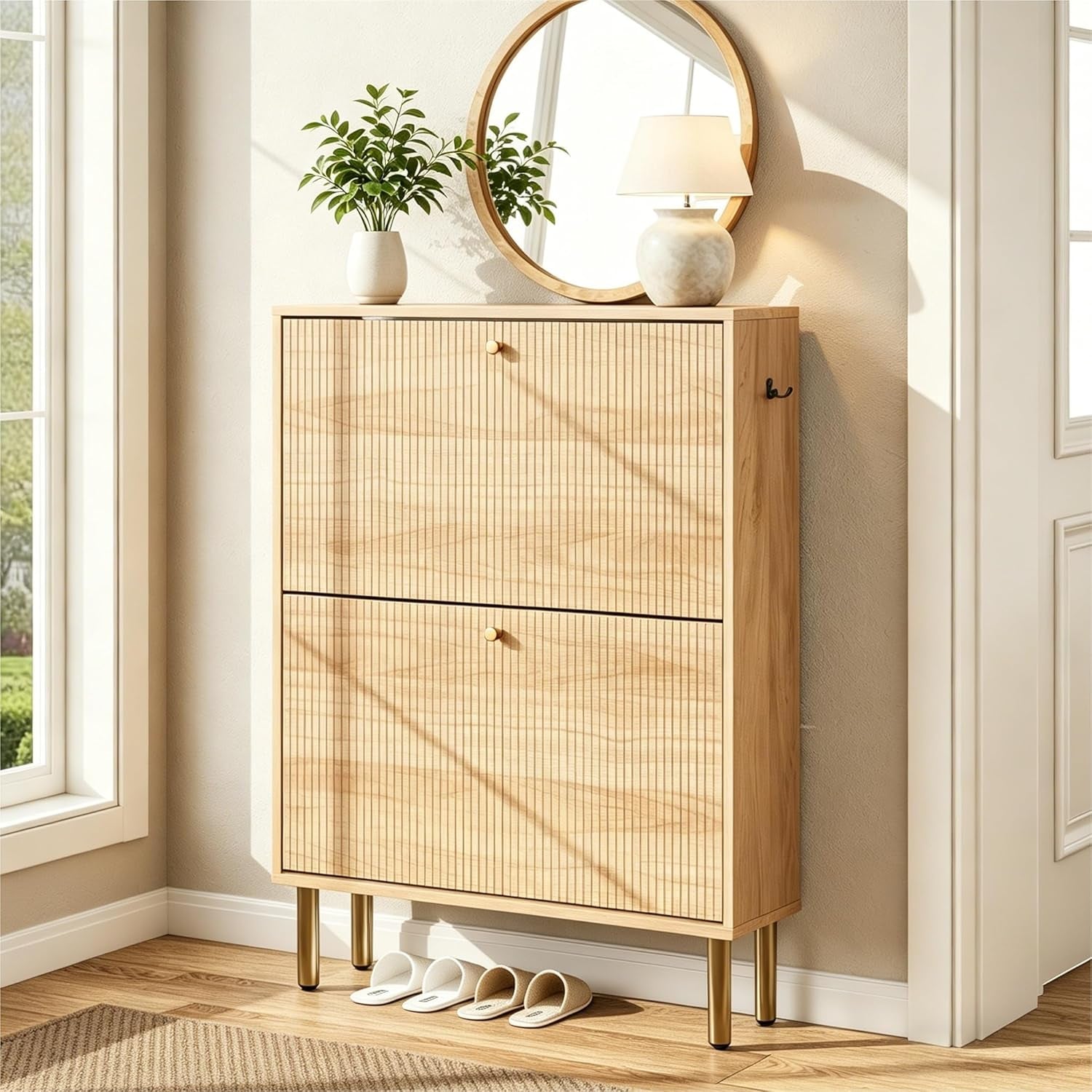 Shoe Storage Cabinet for Entryway - Flip Shoe Cabinet with Tiered Fluted Design - Slim Shoe Storage Rack with Gold Legs - Narrow Shoe Cabinet Hidden Shoe Organizer for Small Spaces