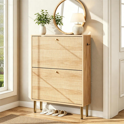 Shoe Storage Cabinet for Entryway - Flip Shoe Cabinet with Tiered Fluted Design - Slim Shoe Storage Rack with Gold Legs - Narrow Shoe Cabinet Hidden Shoe Organizer for Small Spaces