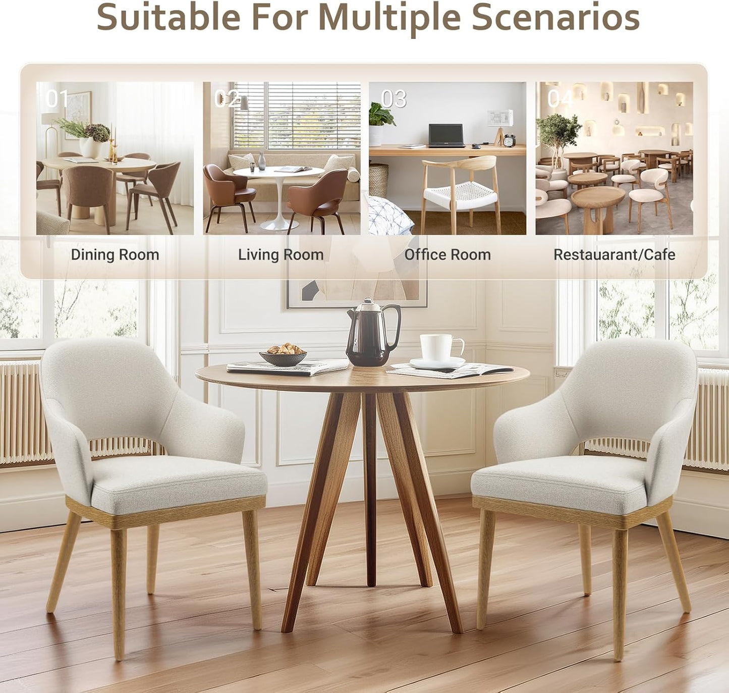 Wooden Dining Chairs Set of 4, Modern Fabric Upholstered Dining Room Chair, Kitchen Side Chairs, Farmhouse Dinner Chair with Open Back for Kitchen, Beige