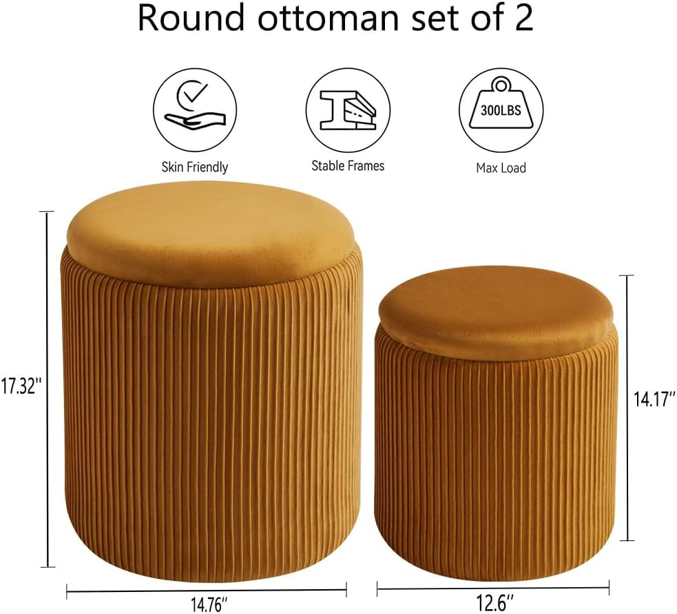 round Set of 2 Ottoman with Storage-Upholstered Velvet Vanity Stool for Makeup Multifunctional Ottomans Coffee Table Padded Seat Foot Rest for Living Room&Bedroom (Yellow)