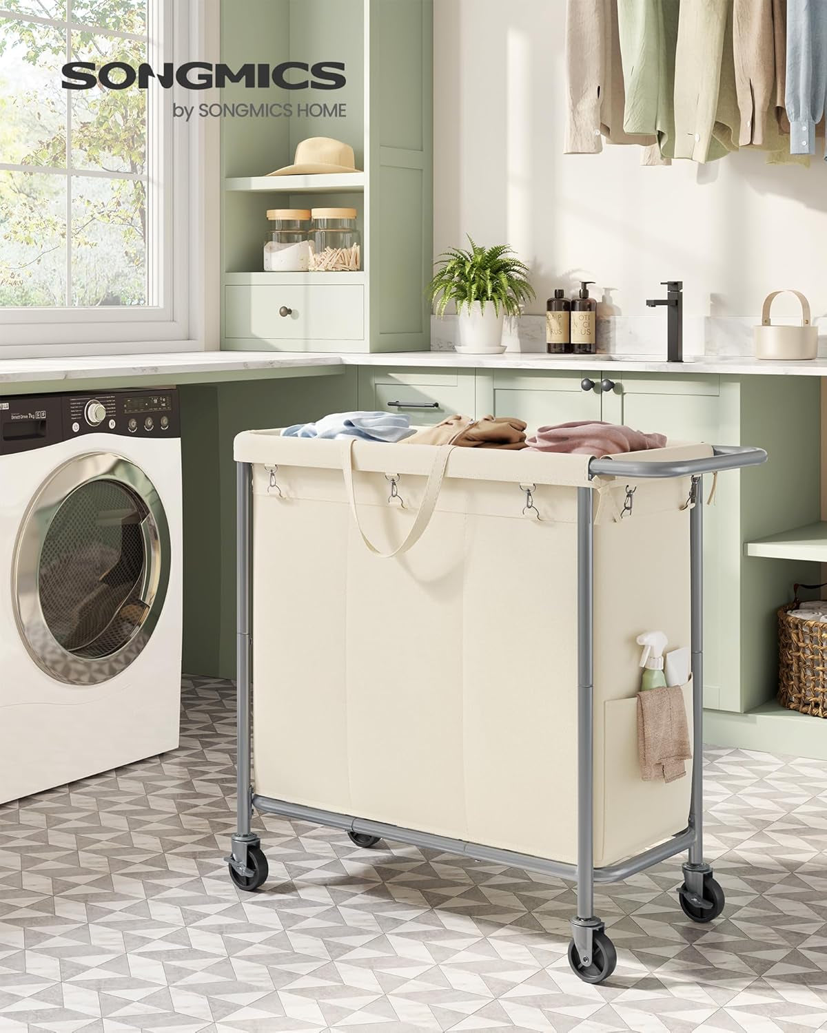 Laundry Basket with Wheels, 3-Section Rolling Laundry Hamper, 52.8 Gallons (200L), Removable Liner, Steel Frame with Handle, Blanket Storage, 35.8 X 15.4 X 31.9 Inches, Cream White URLS005W01