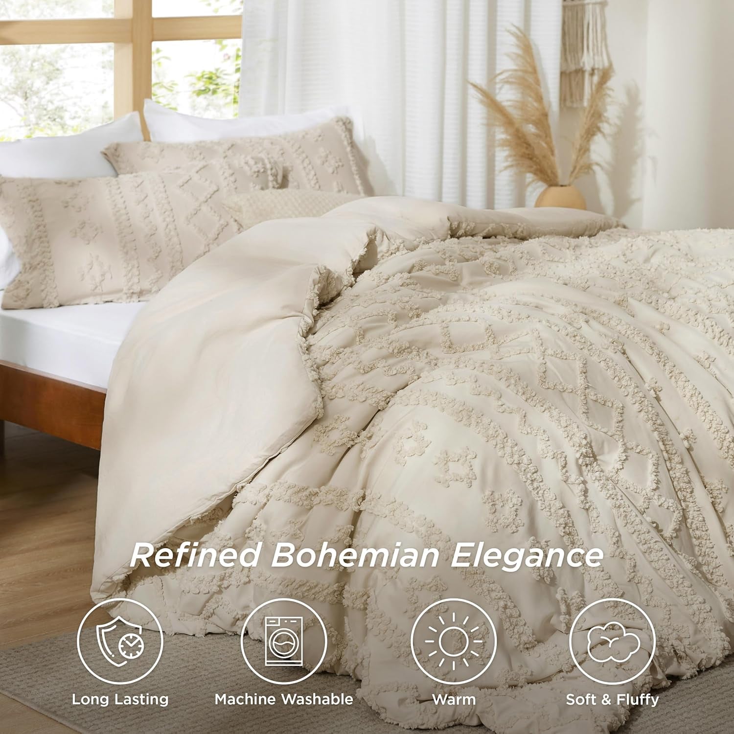 Tufted Boho Comforter Set Queen Size - Beige Boho Bed Set, Gentlesoft™ 3 Pieces Farmhouse Shabby Chic Embroidery Bedding, Gifts for Woman, Soft Jacquard Queen Comforter for All Seasons