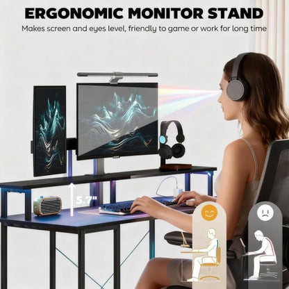Modern PC Laptop Desk with Storage, Reversible Design Computer Gaming Table with Built-In Charging Station and Personalized Lighting, Assembly Required