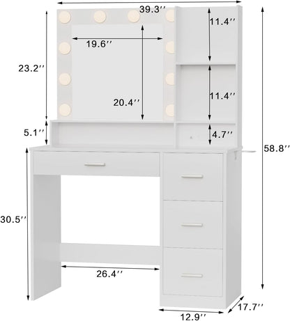 Vanity Desk with Mirror, Power Outlet and 10 Lights, Makeup Table with 4 Drawers, 3 Color Modes Available for Bedroom, White