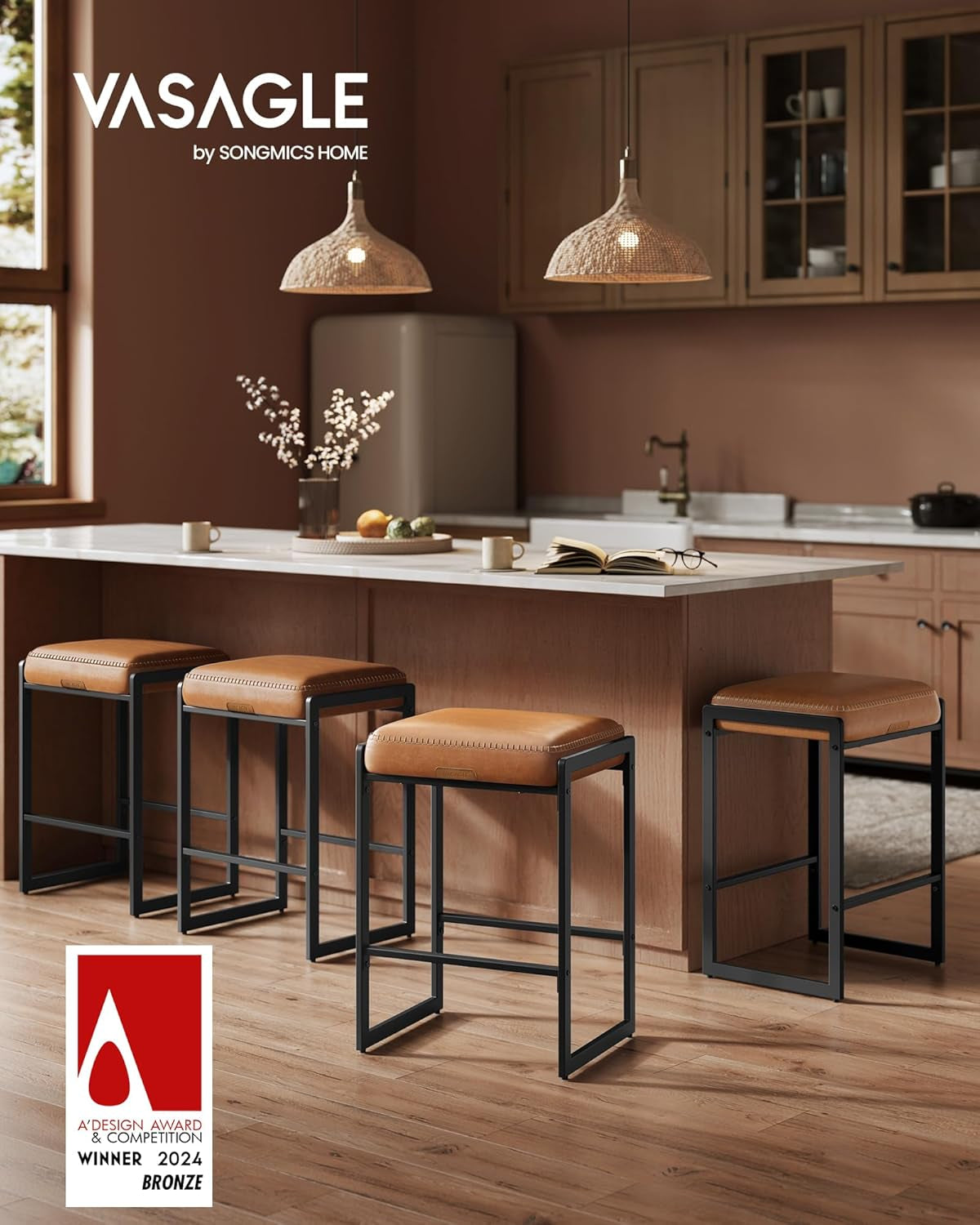 EKHO Collection - Bar Stools Set of 3, Counter Height Bar Stools, Synthetic Leather with Stitching, Mid-Century Modern Counter Stools, 26-Inch Tall, Kichen Home Bar Dining Room, Caramel Brown