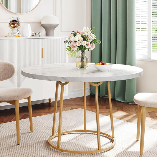 Round Dining Table, 47.24 Inch Kitchen Table for 4-6 People, Wooden Faux Marble Dinner Room Table with Gold Base, Circle Modern Small Table for Home Dining Room Kitchen Restaurant (White)
