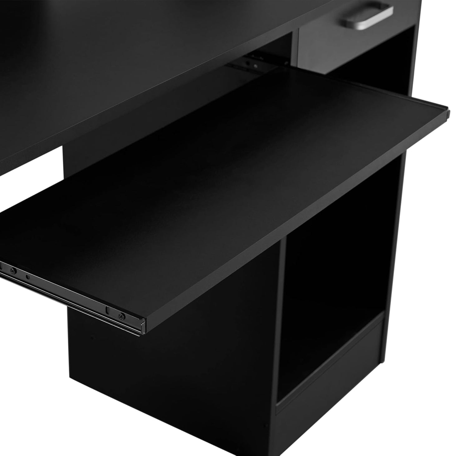 Home Office Wood Computer Desk with Drawers and Pull-Out Keyboard Tray, Study Writing Desk PC Laptop Table with Hutch and Storage Shelves, Modern Workstation, Black