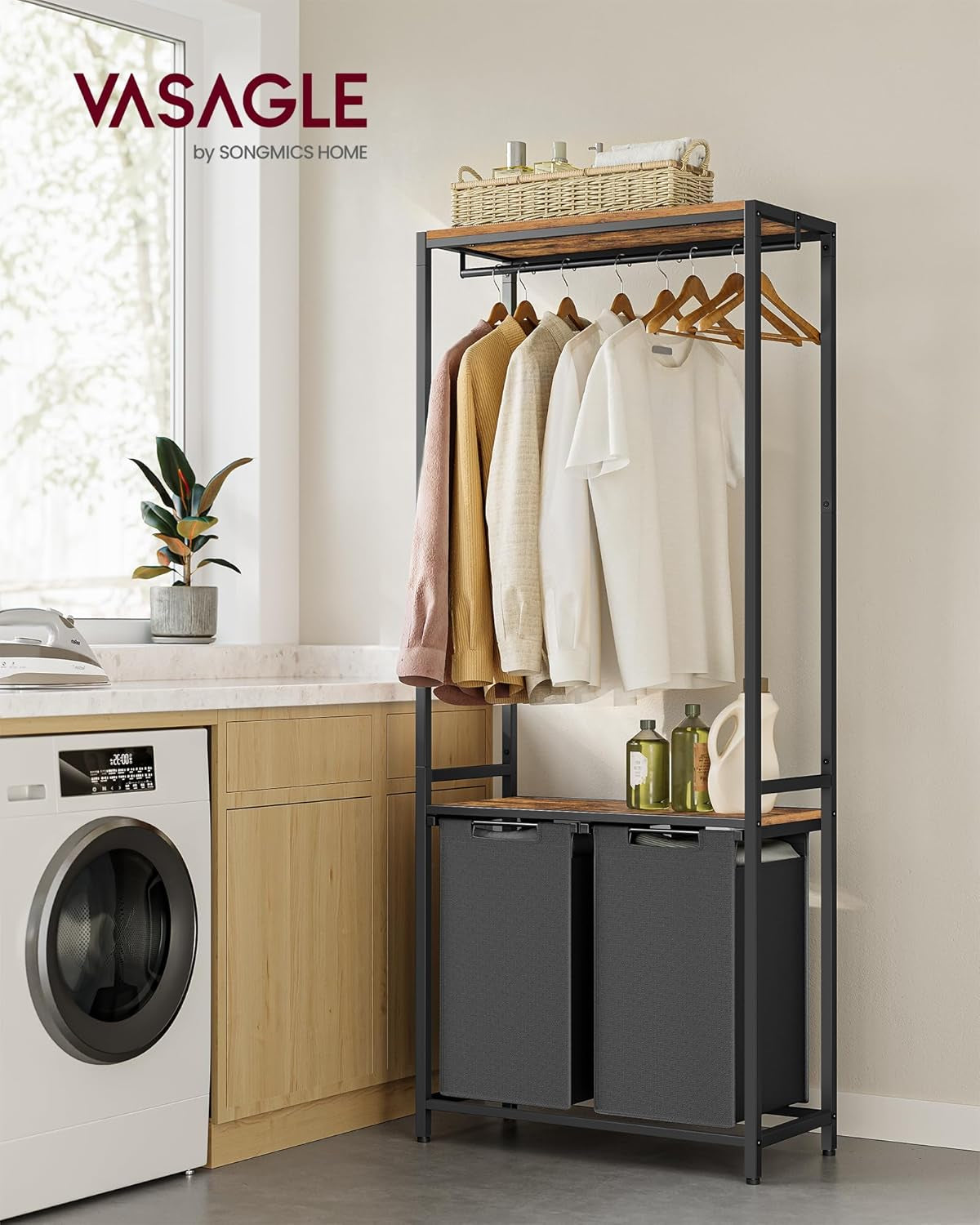 Laundry Basket, 2-Section Laundry Hamper with 2 Shelves, Pull-Out and Removable Liners, Clothes Rail, 2 X 12.1 Gallons, 28.7 X 13 X 69.7 Inches, Rustic Brown and Black UBLH231B02