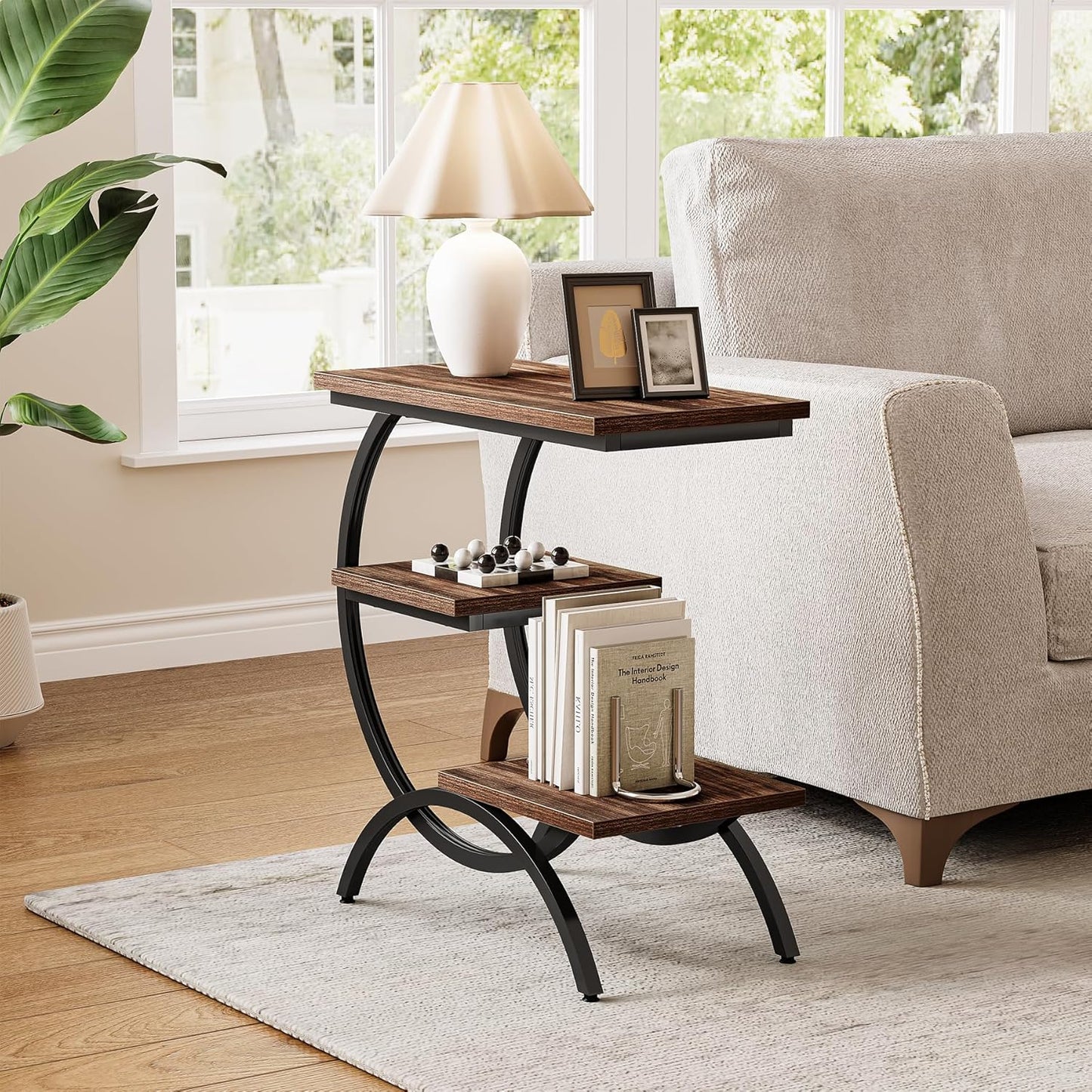 End Table, Narrow End Table with 3 Storage Shelves, Industrial C-Shaped Small Sofa Side Table for Living Room, Wood Slim Snack Table with Black Metal Frame, Rustic Brown