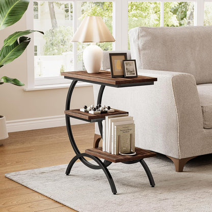 End Table, Narrow End Table with 3 Storage Shelves, Industrial C-Shaped Small Sofa Side Table for Living Room, Wood Slim Snack Table with Black Metal Frame, Rustic Brown