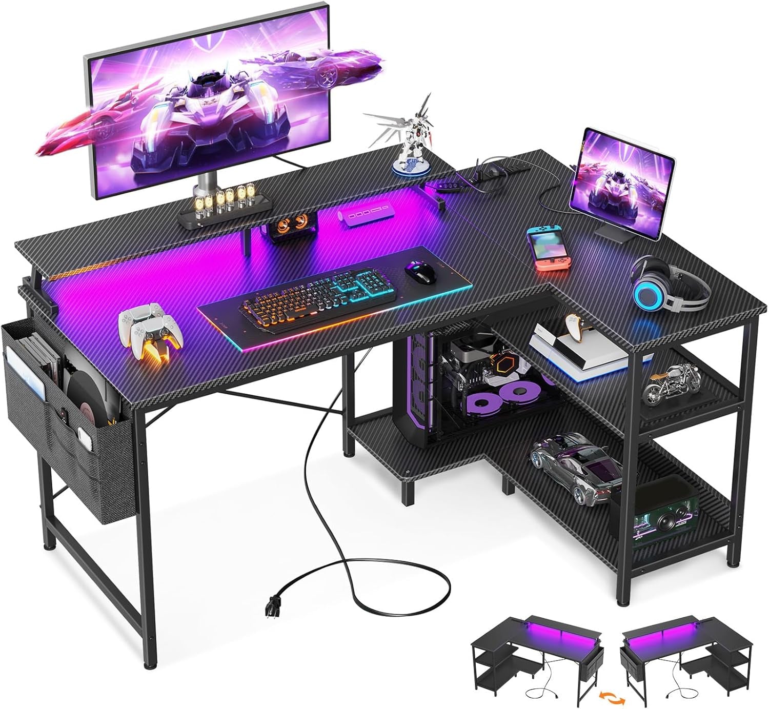 48 Inch Gaming Desk with USB Charging Ports and LED Lights, Reversible L Shaped Computer Desk with Storage Shelves & Monitor Stand, Corner Gamer Desk Table with Power Outlets, Black