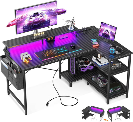48 Inch Gaming Desk with USB Charging Ports and LED Lights, Reversible L Shaped Computer Desk with Storage Shelves & Monitor Stand, Corner Gamer Desk Table with Power Outlets, Black
