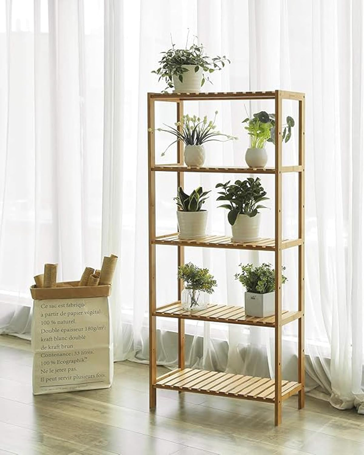 Bamboo Storage Shelf, 5-Tier Shelving Unit, Multifunctional, in the Entryway, Bathroom, Living Room, Balcony, Kitchen, 10.2 X 23.6 X 51.2 Inches, Light Bamboo UBCB35Y