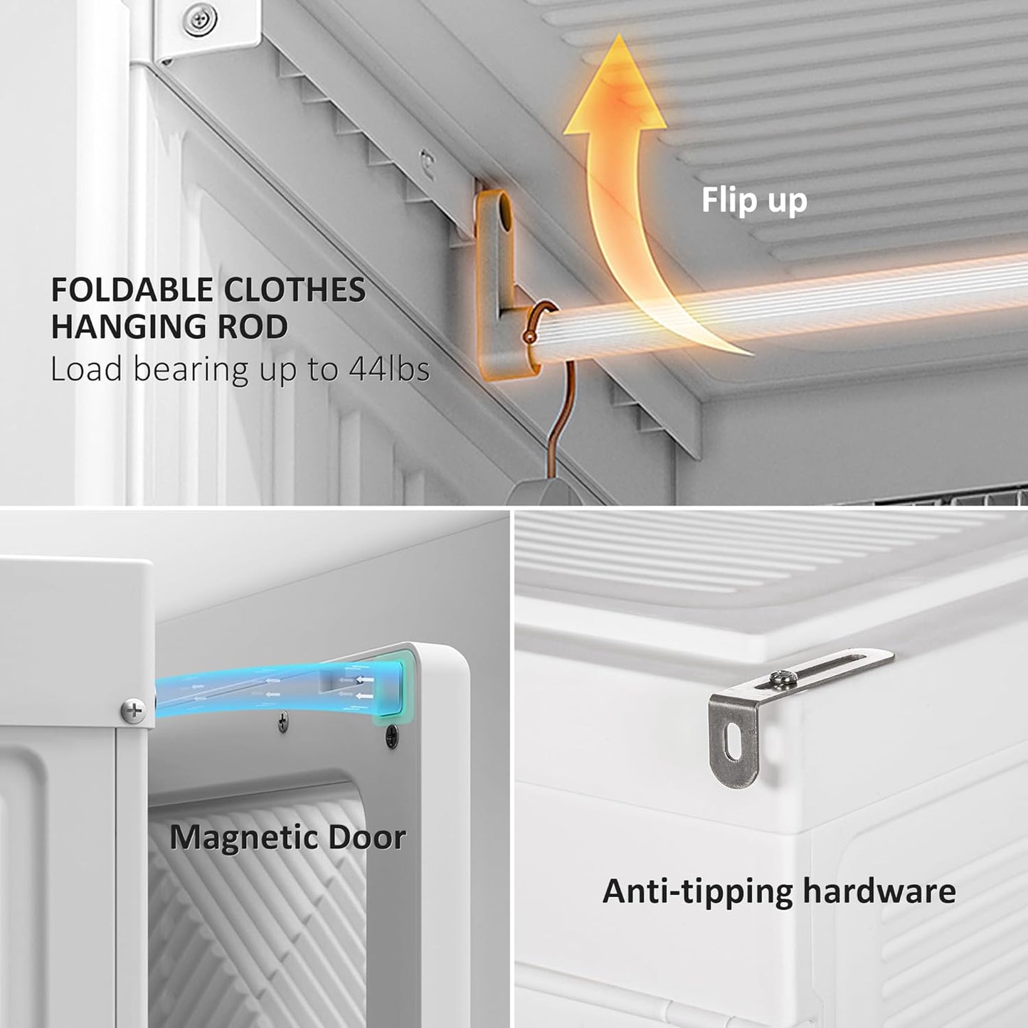Portable Wardrobe Closet, Folding Clothes Storage Organizer with 8 Cube Compartments, 2 Hanging Rods, 11 Magnet Doors, White