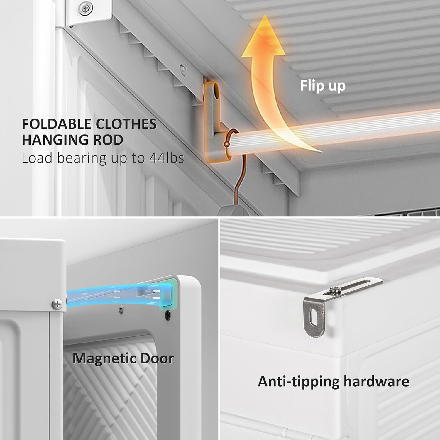 Portable Wardrobe Closet, Folding Clothes Storage Organizer with 8 Cube Compartments, 2 Hanging Rods, 11 Magnet Doors, White