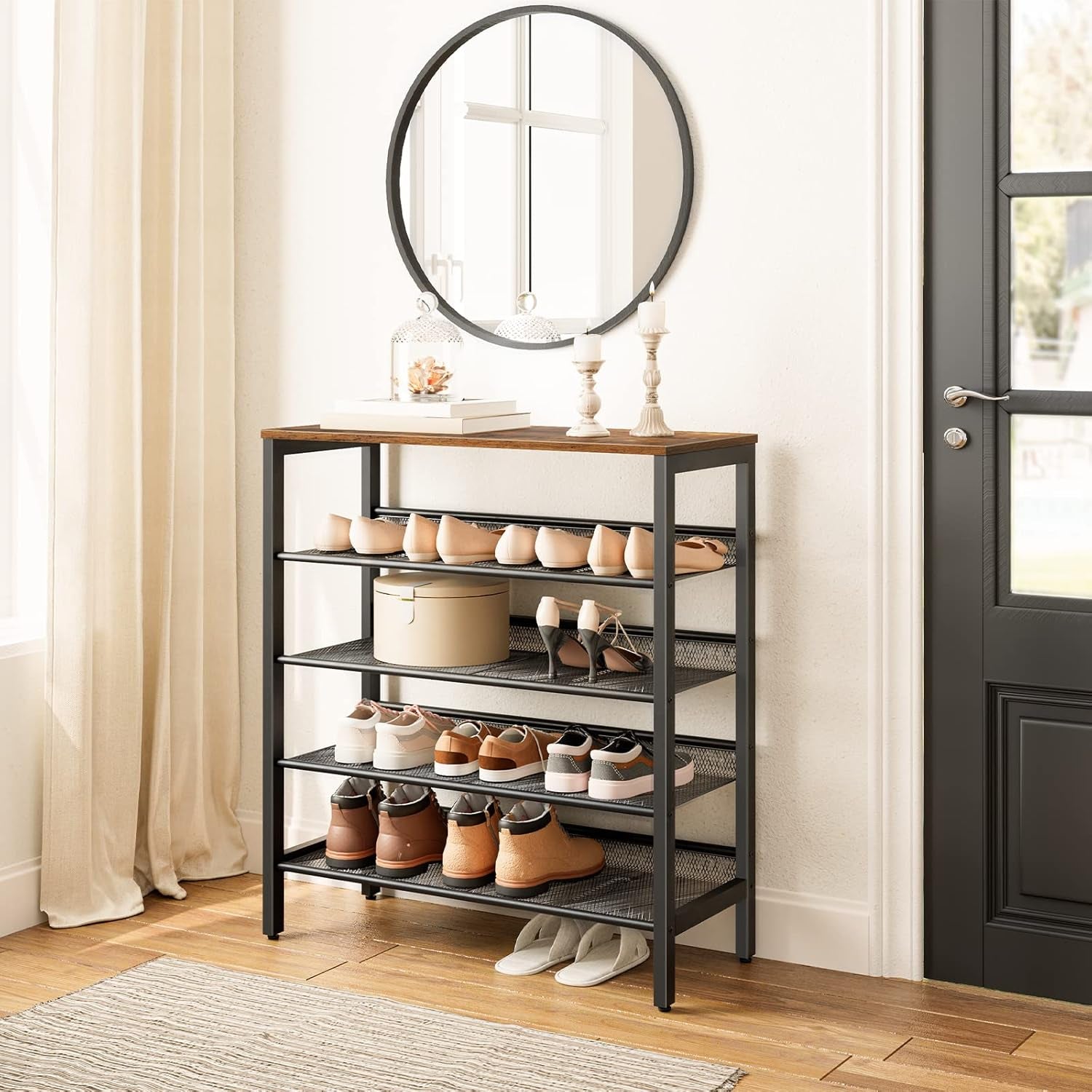 Shoe Rack, 5-Tier Shoe Storage Unit Flat & Slant Adjustable Shoe Organizer Shelf for 16 Pairs, Durable and Stable, for Entryway, Hallway, Closet, Dorm Room, Industrial, Rustic Brown BF01XJ01