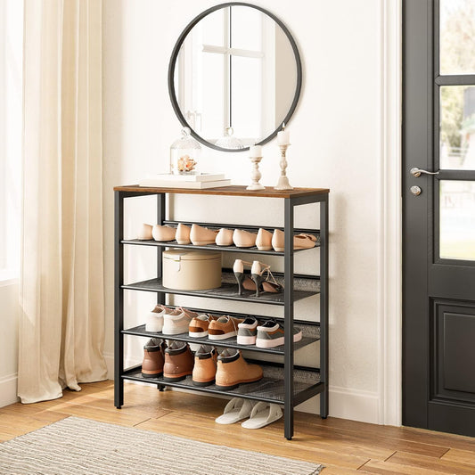 Shoe Rack, 5-Tier Shoe Storage Unit Flat & Slant Adjustable Shoe Organizer Shelf for 16 Pairs, Durable and Stable, for Entryway, Hallway, Closet, Dorm Room, Industrial, Rustic Brown BF01XJ01