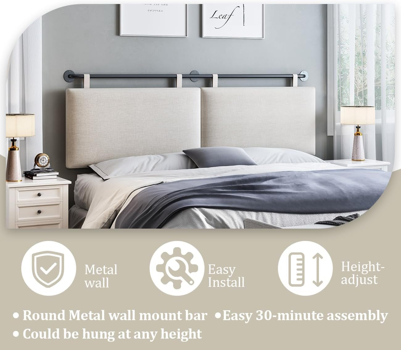Headboards Queen Size Bed Headboard Wall Mounted with Linen Upholstery Hanging Headboard for Bedroom, Beige