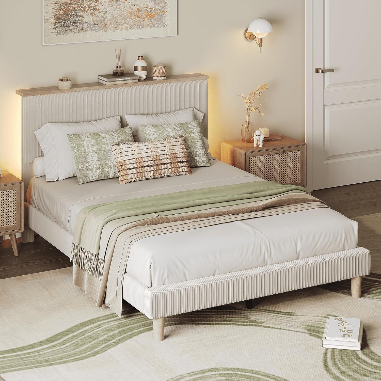 Queen Bed Frame with Adjustable Headboard & Ledlighting, Corduroy Upholstered Platform Bed Frame Withstorage Shelf, Solid Wood Slats, No Box Spring Needed,Never Squeak, Easy Assembly, Beige