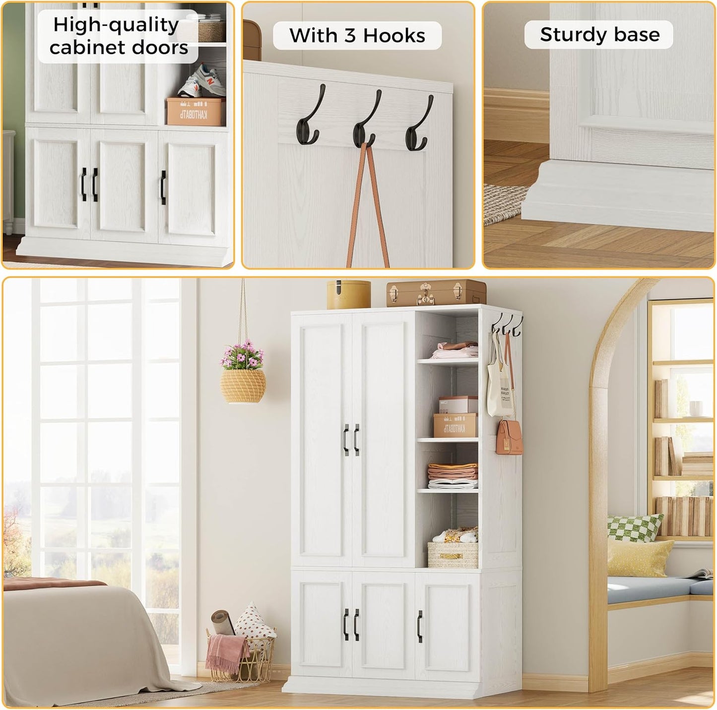 Armoire Wardrobe Closet 70" H, 5 Doors Bedroom Wooden Wardrobe with 4 Storage Shelves and Hanging Rod, Clothing Storage Cabinet Organizer Combination, White