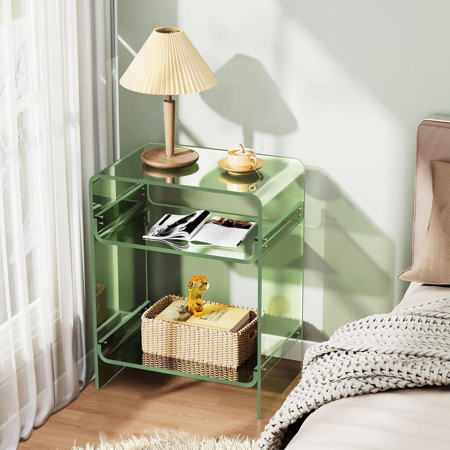 Acrylic Record Player Table with Storage Shelf, Clear Side Table Nightstand (Green, Large)